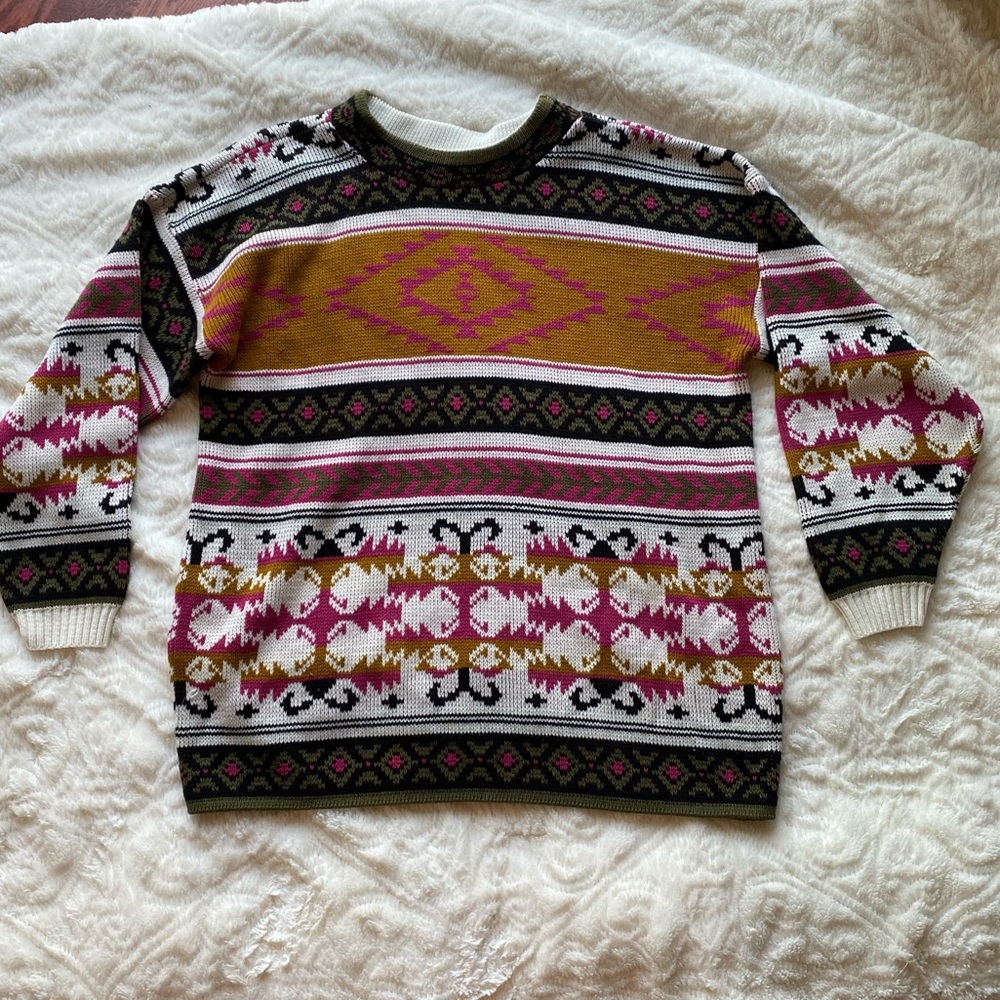 Aztec Long Sleeve Grandpa Sweater Made in USA Multi Color Knit Pull Over Chunky